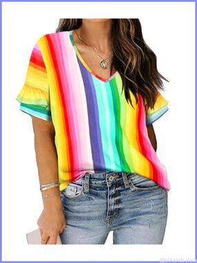 Plus Size Ruffle Sleeve V Neck Tunic Top Short Sleeve Blouse